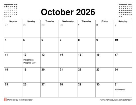 October 2026 Calendar - Inch Calculator