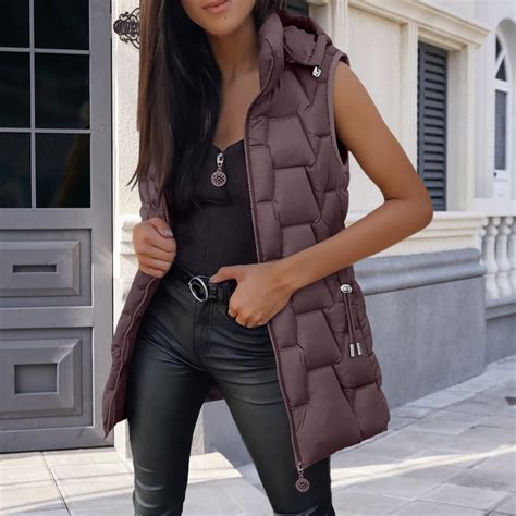 Pyhlmscde Women's long Quilted Vest hooded sleeveless Button Down puff ...