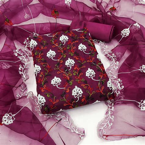 Elegant Wine Organza Dress Material Ensemble With Exquisite Floral Emb