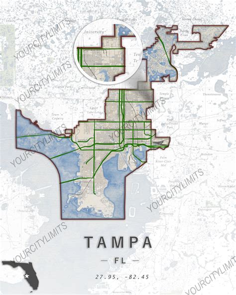 Tampa Florida Map, Custom Map, Personalized Map, Gift Map, City Boundary Map, City Print ...