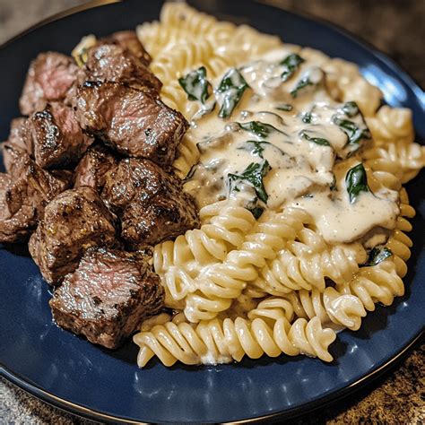 Buttery Garlic Steak Bites & Creamy Alfredo Pasta Spirals - Savory Splash