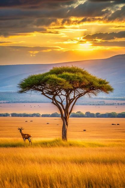 Kenya magical sunset sundowner lone tree antelope wildlife animal ...