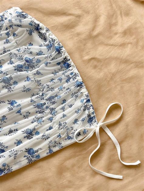 SHEIN WYWH Women's Vacation Blue & White Floral Ruffled Side Drawstring ...