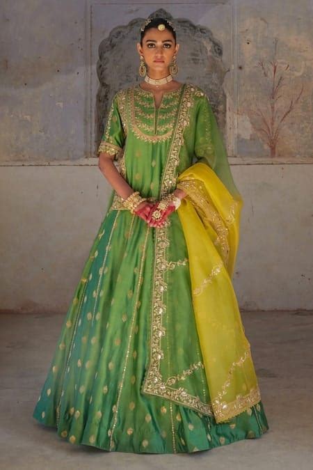 Buy Green Embroidery, Zari Split V-neck Dori Marodi Lehenga Set For ...