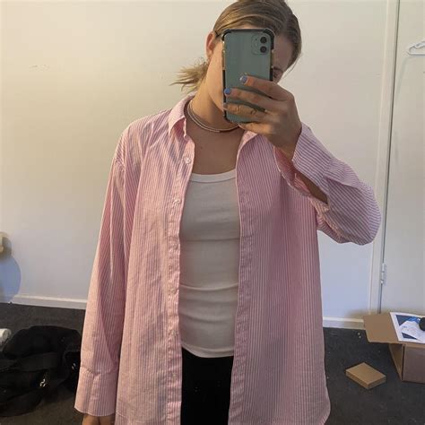 Oversized pink stripe shirt, super comfy worn once.... - Depop