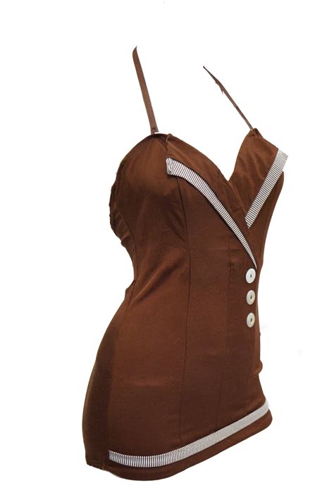 1950s Chocolate Brown Faux Wrap One Piece Sweetheart Swimsuit - MRS Couture