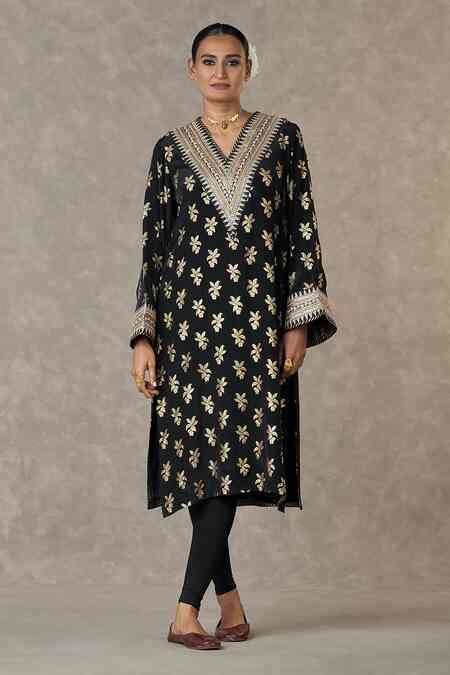 Buy Black Crepe, Silk Zari, Embroidery V-neck Cherrybloom Print Kurta ...