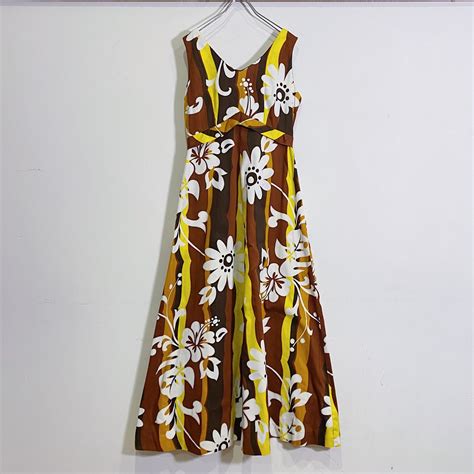 70s Hawaiian brown and yellow flower printed long dress | LEMON