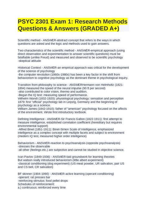 PSYC 2301 Exam 1: Research Methods Questions & Answers (GRADED A+ ...