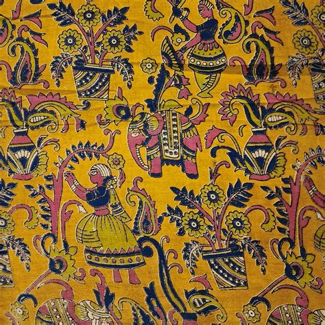 Pre Cut (1.20 Meter) Pure Cotton Kalamkari Yellow Girls With Elephant ...