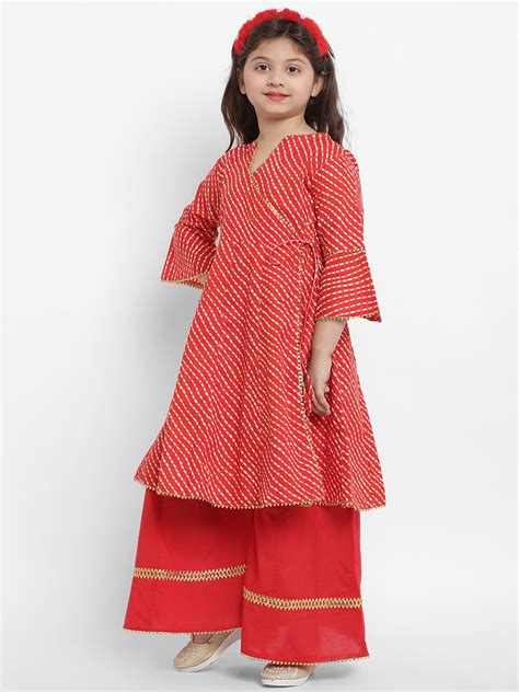 Shop Bitiya By Bhama Girls Red Leheriya Printed Angrakha Kurta With ...