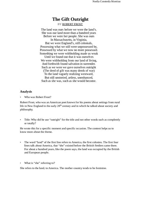 Analysis of The Gift Outright, by Robert Frost - Docsity