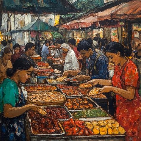 A market scene with people sampling different foods2 | Premium AI ...