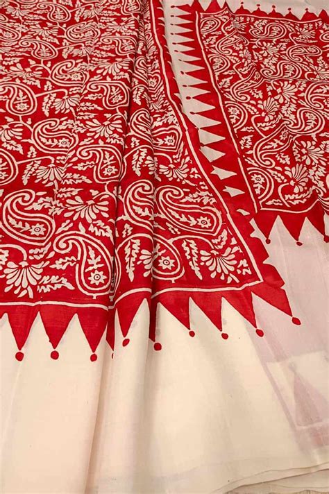 Red & White Pure Bengal Silk Handblock print saree – Balaram Saha