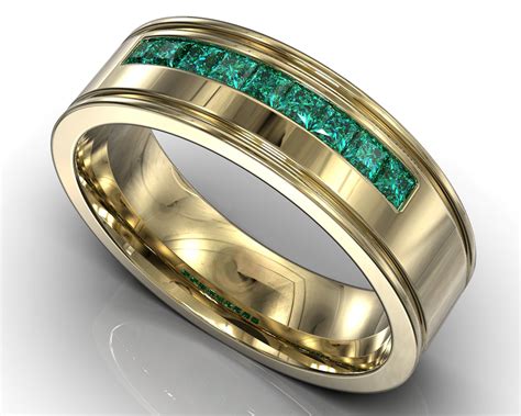 Emerald Gold Mens Wedding Band / Mens Channel Ring / Mens Gold Wedding ...