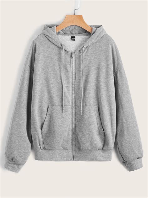 Zip Up Drawstring Kangaroo Pocket Hoodie in 2024 | Grey sweater outfit ...