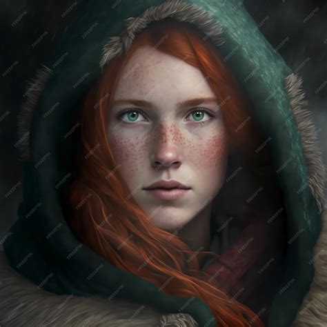 Premium Photo | A woman with red hair and green eyes is looking at the ...
