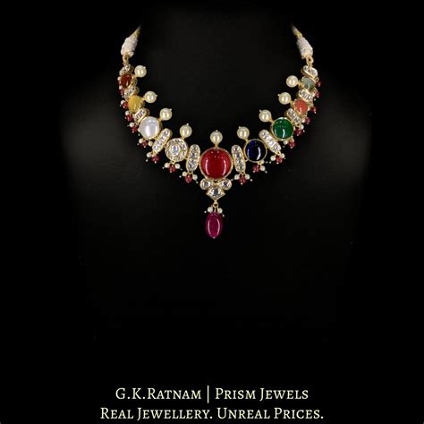 18k Gold and Diamond Polki Navratna Necklace Set enhanced with Rubies ...
