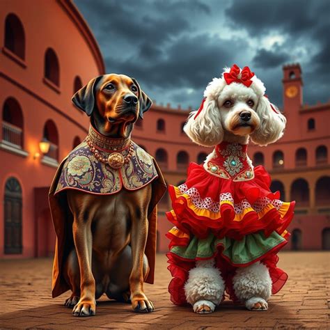 A male Labrador Retriever dog and a female Standard Poodle dog, wearing ...