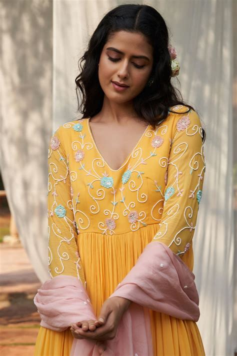 Yellow Hand Embroidered Georgette Anarkali With Contrast Pink Dupatta ...