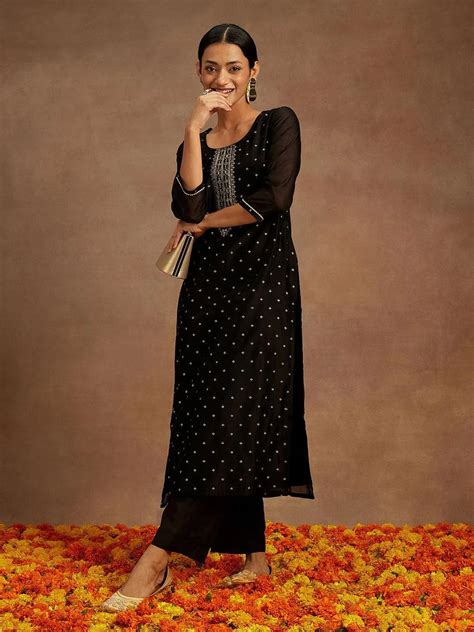 Buy Black Woven Design Chanderi Silk Straight Kurta Online at Rs.945 ...