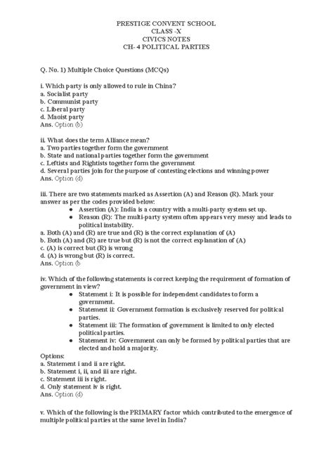 PRESTIGE CONVENT CLASS CIVICS 4 EXTRA QUESTIONS ON POLITICAL PARTIES ...