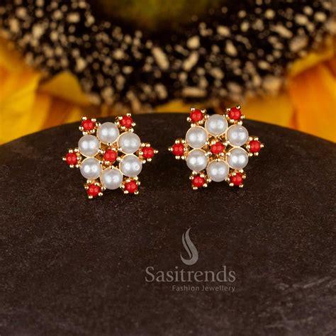Sasitrends Micro Gold Plated Hexa Floral Pearl Cluster Stud Earrings