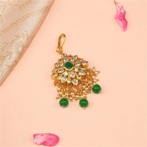 Silver Maang Tikka with Kundans and Pearls – Padmam