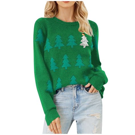BLVB Women's Christmas Tree Graphic Sweater, Long Sleeve Crewneck, Xmas ...