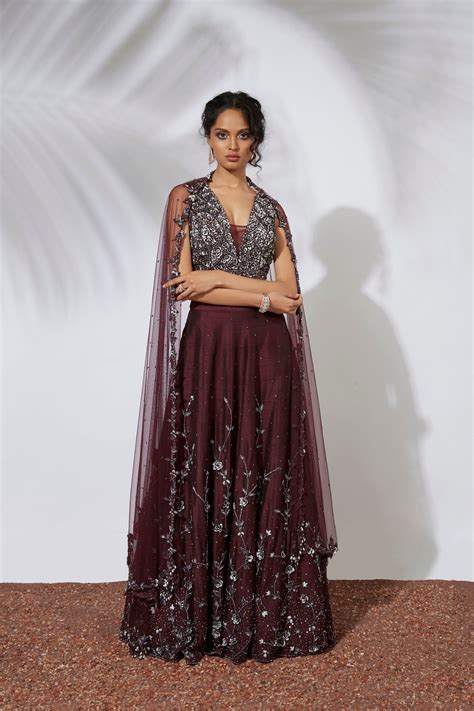 Merlot Embroidered Lehenga, Choli & Dupatta Set | Mehak Murpana Label