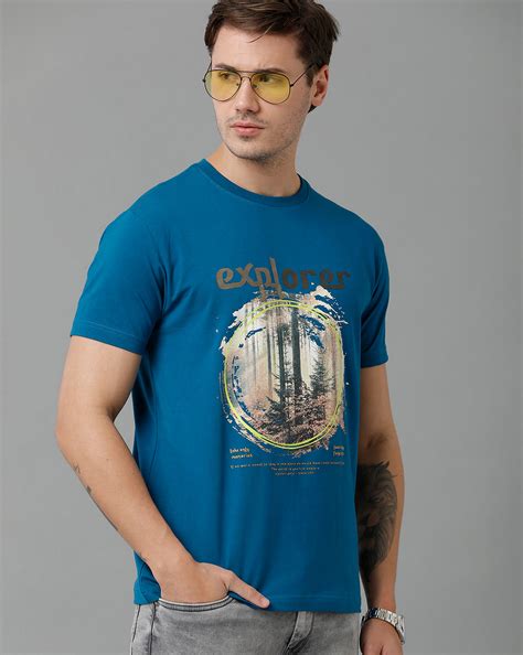 Classic Polo Men's Cotton Half Sleeve Printed Slim Fit Round Neck Blue