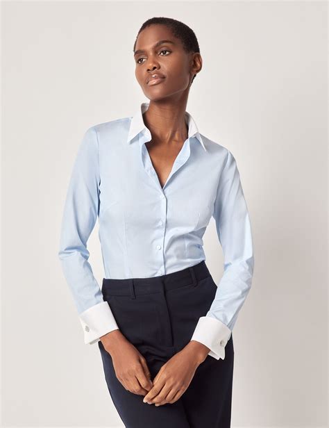 Women's Executive Blue Fitted Shirt - White Collar and Cuffs | Hawes ...