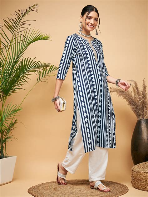WHITE NAVY STRIPE PRINT GOTA STRAIGHT KURTA