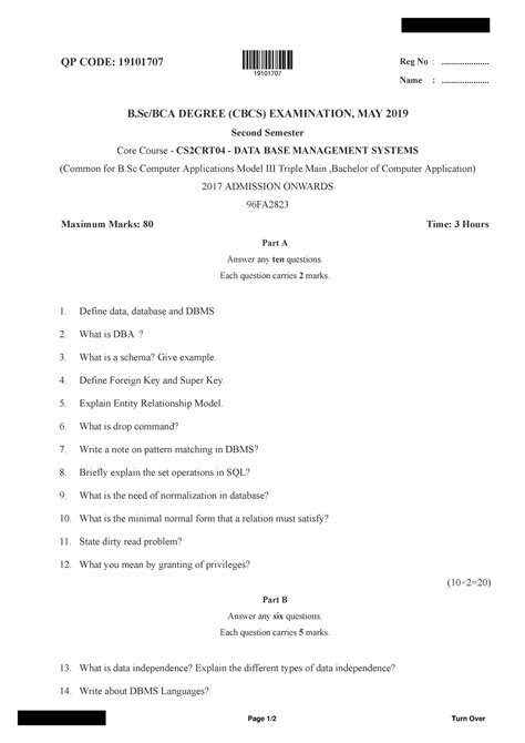 Bsc bca 2 sem data base management systems 19101707 may 2019 - QP CODE ...
