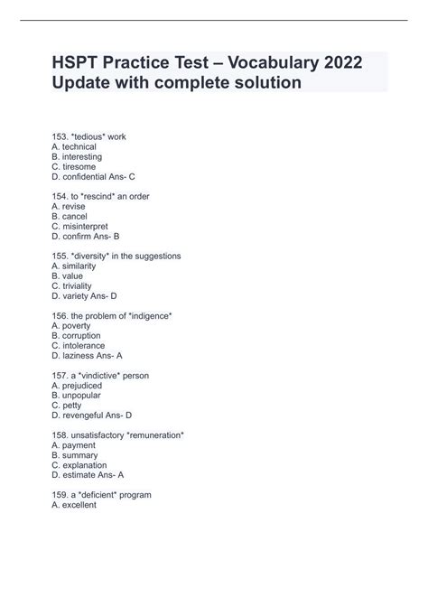 HSPT Practice Test – Vocabulary 2022 Update with complete solution ...