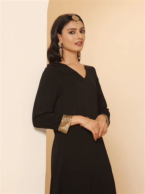 Women's Black and Gold Sequin Kurta with Pants 2 Piece Set | A-Line, V