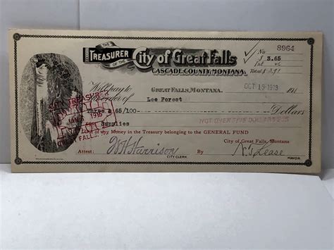 Treasurer of the City of Great Falls Treasury Check*Oct. 15, 1913 ...
