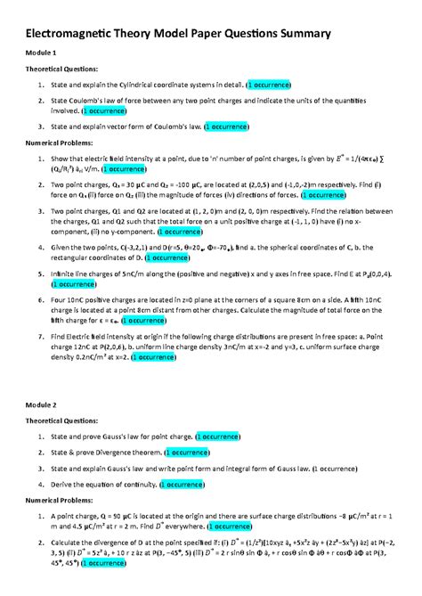 Electromagnetic Theory Model Paper Qs Summary for Exam Review - Studocu