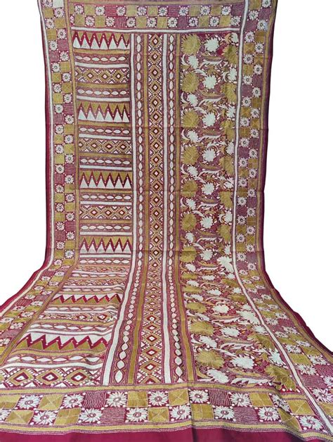 Black Hand Embroidered Kantha Bangalore Silk Dupatta - Luxurionworld