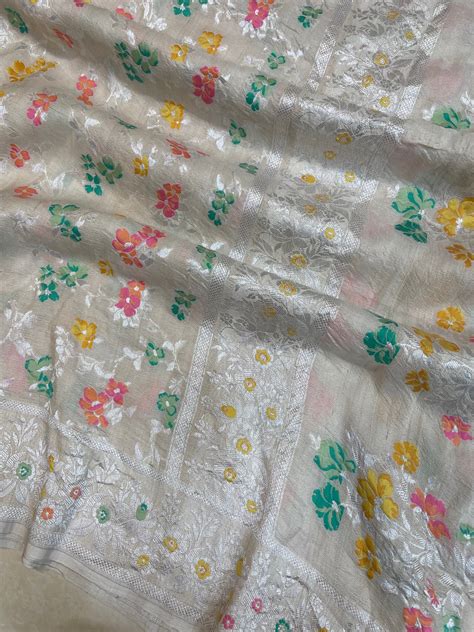 Pure Tussar Georgette Handloom Banarasi Saree - All over Jaal Work with ...