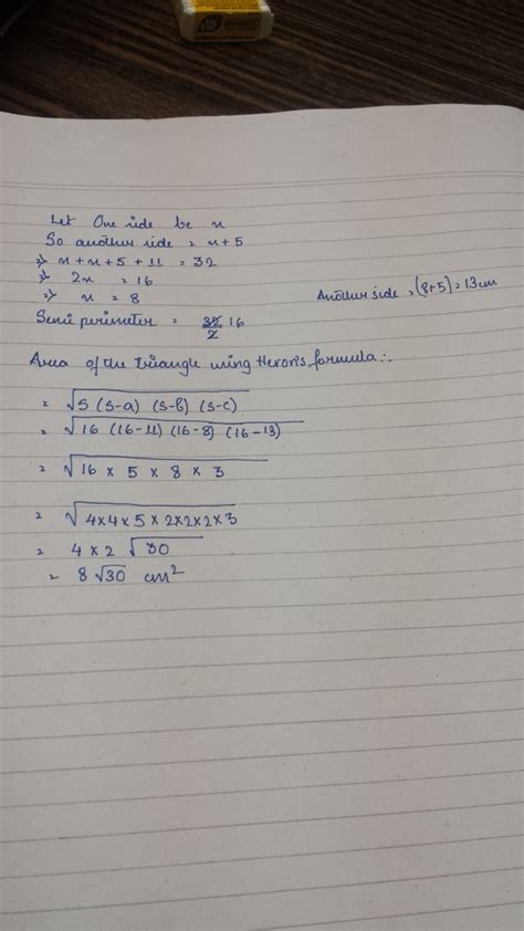[Answered] Find the area of triangle having perimeter 32cm , one side ...