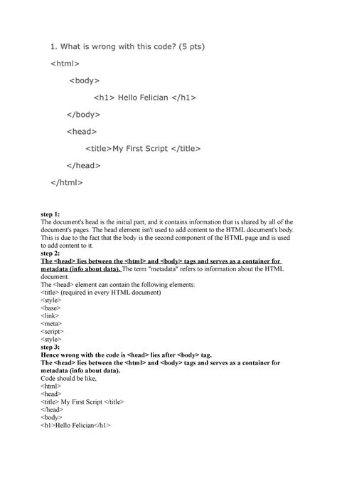 What is wrong in this html code - step 1: The document's head is the ...