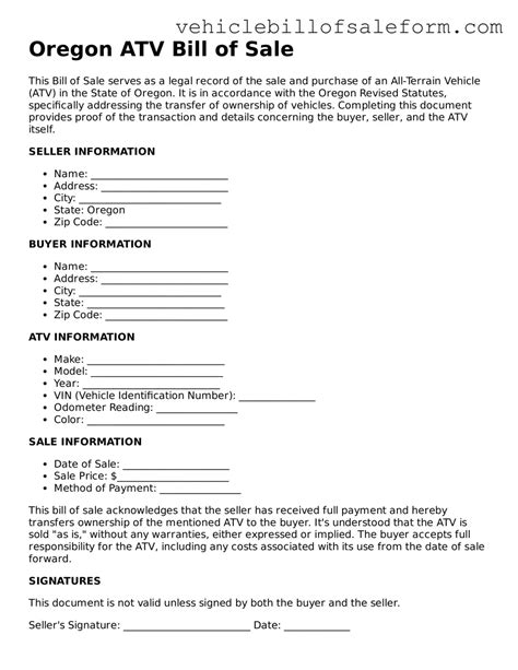 Access Oregon ATV Bill of Sale Template ≡ Motor Vehicle Bill of Sale