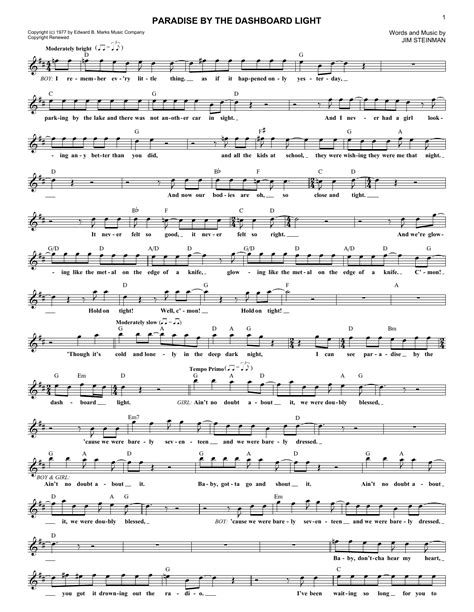 Paradise By The Dashboard Light by Meatloaf Sheet Music for Lead Sheet ...