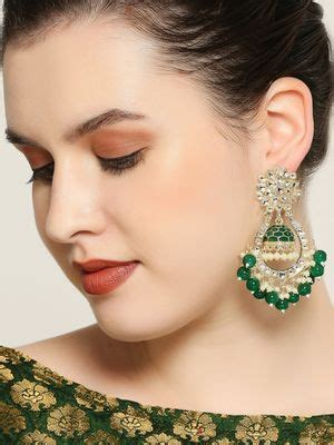 Buy OOMPH Jewellery Gold Tone Green Pearl and Kundan Floral Chand Bali ...