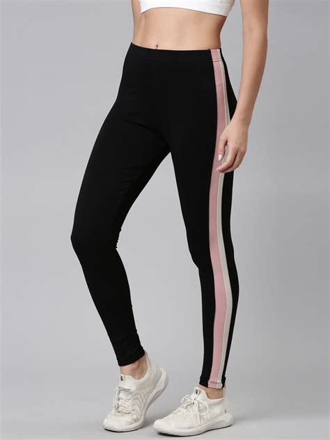 Black Cotton Stretch Side Stripes Active Leggings – Go Colors India