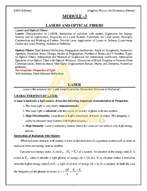 BPHYE102 Mod3@Az Documents - MODULE - 3 LASERS AND OPTICAL FIBERS ...