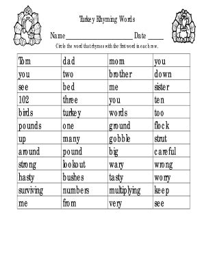 Bed Rhyming Words - Fill and Sign Printable Template Online
