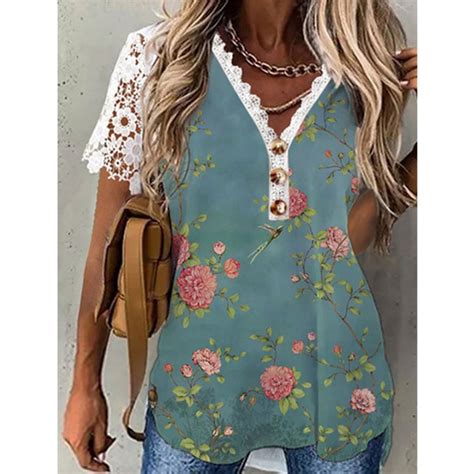 HIMIWAY Women's Lace T-shirt Casual Printing Short-sleeved V-neck Lace ...