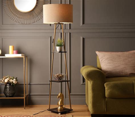 Castle 3 Tier Beige Color Shelf Storage Floor Lamp with Golden Metal L ...